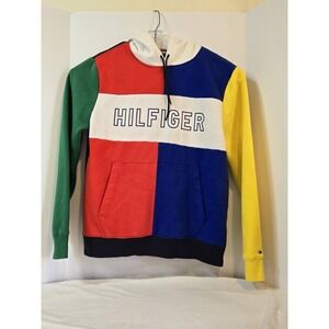 Tommy Hilfiger Sweater Men L Red Blue Hoodie Pullover Colorblock spell out VTG
